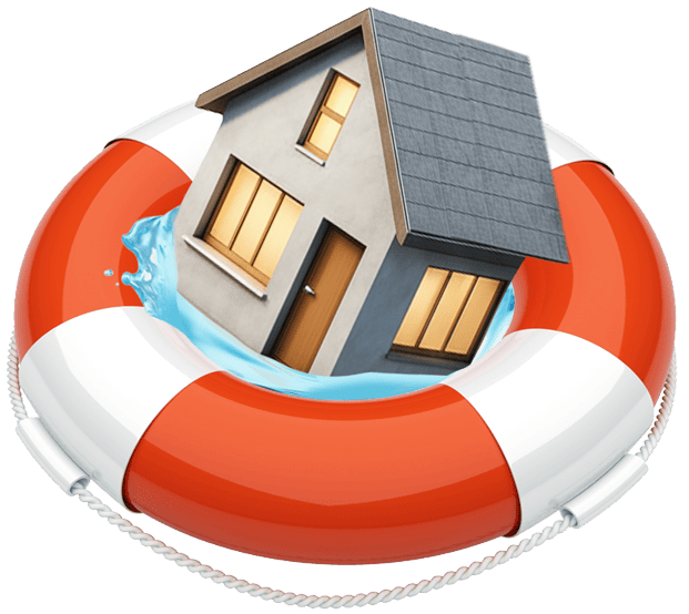 Home flooded relief with rescue life buoy and water rescue concept.